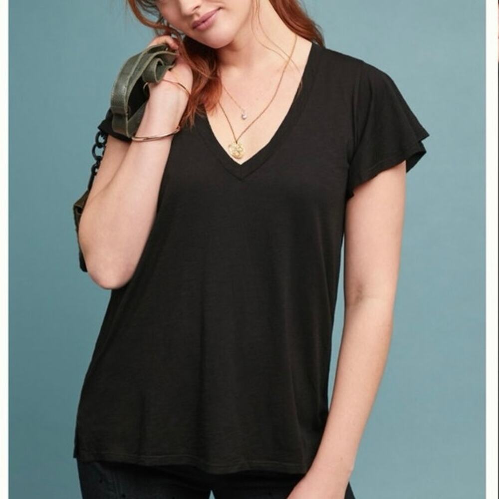 Anthropologie (M) Maeve Black Wayfaring Flutter Sleeve Tee V-Neck Boho